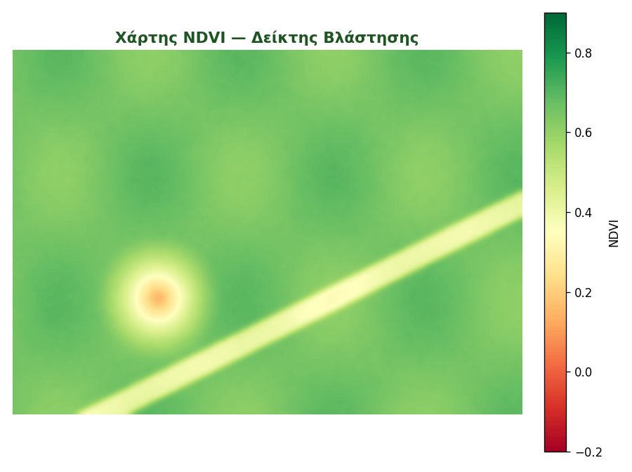 Χρωματικός χάρτης δείκτη βλάστησης NDVI πάνω σε πραγματικό αγροτεμάχιο